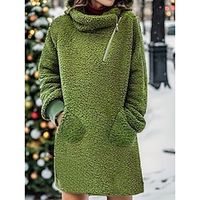 Women's Casual Dress Winter Dress Plain Dress Mini Dress Zipper Pocket Outdoor Daily Date Fashion Basic Turtleneck Long Sleeve 2023 Loose Fit Green Color S M L XL XXL Size Lightinthebox - thumbnail