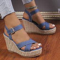 Women's Wedge Sandals Platform Sandals Denim Fabric Slope Heels Beach Shoes Casual Sandals Blue Lightinthebox
