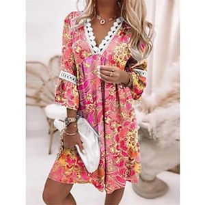 Women's Casual Dress Summer Dress Floral Plaid Lace Patchwork V Neck Mini Dress Streetwear Street Holiday 34 Length Sleeve Loose Fit White Pink Blue Summer S M L XL 2XL Lightinthebox