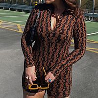 Women's Active Casual Streetwear Street Going out Club Shirt Collar Sporty Look Brown Romper Cat Suit Color Block Zipper Print miniinthebox - thumbnail