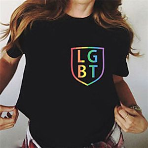 Women's Geometric Painting T shirt Rainbow Geometric Letter Print Round Neck Basic LGBT Pride Tops White Black Lightinthebox