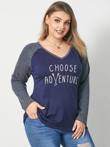 YOINS Plus Size V-neck Letter Long Sleeves Tee