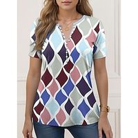Women's T shirt Tee Geometric Daily Weekend Blue Button Print Short Sleeve Fashion Crew Neck Regular Fit Summer Lightinthebox
