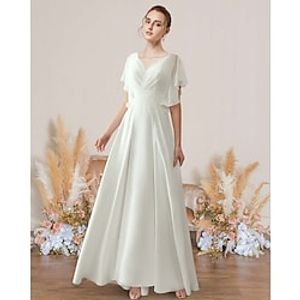A-Line Wedding Dresses V Neck Floor Length Chiffon Lace Short Sleeve Simple with Pleats Appliques 2022 Lightinthebox