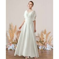 A-Line Wedding Dresses V Neck Floor Length Chiffon Lace Short Sleeve Simple with Pleats Appliques 2022 Lightinthebox - thumbnail