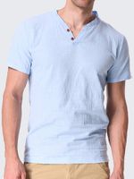 Mens Casual Linen V-neck Chinese Collar Short Sleeve T-shirt Fashion Solid Color Tops