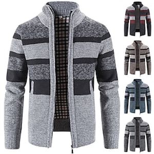 Men's Sweater Cardigan Sweater Zip Sweater Sweater Jacket Ribbed Knit Knitted Color Block Stand Collar Fashion Casual Sports Daily Wear Clothing Apparel Fall  Winter Navy Blue Blue M L XL Lightinthebox