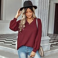 Women's Blouse Shirt Wine Brown Beige Plain Long Sleeve Office Business Streetwear Casual V Neck Regular S Lightinthebox - thumbnail