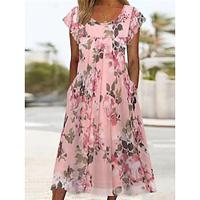 Women's Casual Dress A Line Dress Floral Pocket Print Crew Neck Midi Dress Streetwear A Line Street Holiday Short Sleeve Summer Lightinthebox