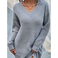 Women's Plus Size Curve Sweater Dress Knit Dress Casual Dress Plain Mini Dress Long Sleeve Basic Knit V Neck Fashion Outdoor Gray Fall Winter XL 2XL 3XL 4XL 5XL Lightinthebox - thumbnail