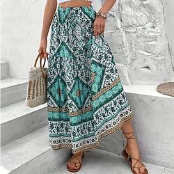 Women's Skirt A Line Swing Maxi Skirts Print Geometric Color Block Holiday Vacation Summer Polyester Casual Boho Blue Lightinthebox