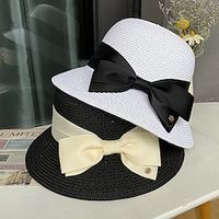 Hats Headdress Acrylic  Cotton Straw Bucket Hat Straw Hat Sun Hat Casual Holiday Retro Elegant With Bowknot Pure Color Headpiece Headwear Lightinthebox - thumbnail