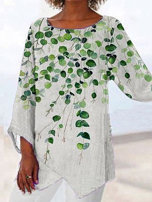 Round Neck Casual Loose Leaf Print Long-sleeved Blouse Round Neck Casual Loose Leaf Print Long-sleeved Blouse