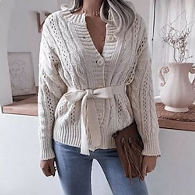 Women's Cardigan Sweater Jumper Cable Knit Lace up Button Pure Color Crew Neck Stylish Casual Outdoor Daily Winter Fall Purple Yellow S M L  Cotton  Long Sleeve  Cotton  Holiday  Regular Fit Lightinthebox