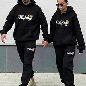 Couple's Hoodie Tracksuit Pants Sets Letter Valentine's Day Black Dark Gray Print Drawstring Long Sleeve Casual Date Active Sports Hooded Regular Fit Spring   Fall Lightinthebox