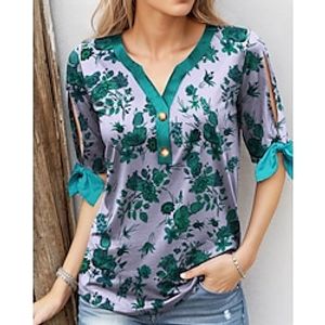 Women's T shirt Tee Henley Shirt Floral Casual Holiday Yellow Blue Purple Print Button Cut Out Short Sleeve Fashion V Neck Regular Fit Spring  Summer Lightinthebox