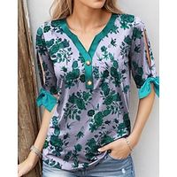 Women's T shirt Tee Henley Shirt Floral Casual Holiday Yellow Blue Purple Print Button Cut Out Short Sleeve Fashion V Neck Regular Fit Spring  Summer Lightinthebox - thumbnail