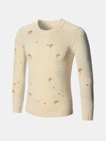 Mens Hole design Pullover Crew Neck Wool Solid Color Casual Sweater