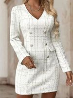 V-neck Slim-fit Plaid Double-breasted Long-sleeve Short Dress