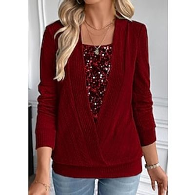 Women's Shirt Blouse Red Sparkly Sequins Long Sleeve Casual Fashion Square Neck Regular Fit Fall  Winter Lightinthebox