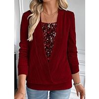 Women's Shirt Blouse Red Sparkly Sequins Long Sleeve Casual Fashion Square Neck Regular Fit Fall  Winter Lightinthebox - thumbnail