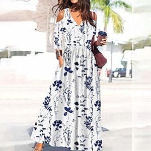 Women's Casual Dress Swing Dress Long Dress Maxi Dress White Dark Blue 3/4 Length Sleeve Floral Ruched Summer Spring V Neck Stylish Loose Fit 2022 S M L XL XXL 3XL miniinthebox