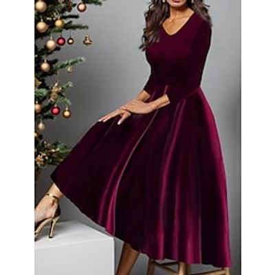 Women's Plus Size Velvet Dress Christmas Party Dress Cocktail Dress Midi Dress Black Wine Royal Blue Long Sleeve Pure Color Patchwork Fall Winter Autumn V Neck Fashion Winter Dress Wedding Guest miniinthebox
