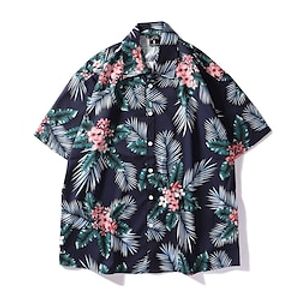 Women's Casual Holiday Weekend Floral Blouse Shirt Floral Short Sleeve Button Print Shirt Collar Casual Hawaiian Beach Tops Navy Blue M / 3D Print miniinthebox