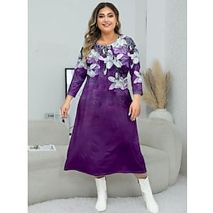 Women's Plus Size Curve Casual Dress A Line Dress Print Dress Floral Midi Dress Long Sleeve Print Crew Neck Fashion Outdoor Red Blue Fall Winter S M L XL XXL Lightinthebox
