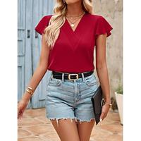 Shirt Blouse Women's White Red Green Plain Ruffle Street Daily Fashion V Neck Regular Fit S Lightinthebox