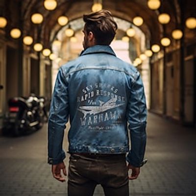 Letter Airplane Casual Men's Coat Denim Jacket Sports  Outdoor Going out Weekend Fall  Winter Turndown Long Sleeve Black Blue M L XL Denim Jacket Lightinthebox