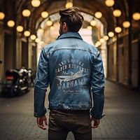 Letter Airplane Casual Men's Coat Denim Jacket Sports  Outdoor Going out Weekend Fall  Winter Turndown Long Sleeve Black Blue M L XL Denim Jacket Lightinthebox - thumbnail