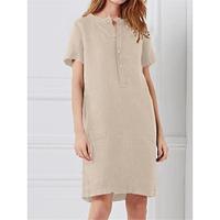 Women's Cotton Linen Dress Cotton Summer Dress Midi Dress Button Pocket Daily Crew Neck Short Sleeve Summer Spring Wine khaki Plain Lightinthebox - thumbnail