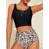 Women's Swimwear Bikini Swimsuit Button Up Leopard Print Leopard Print Square Bathing Suits Print Bikini Beach Lightinthebox