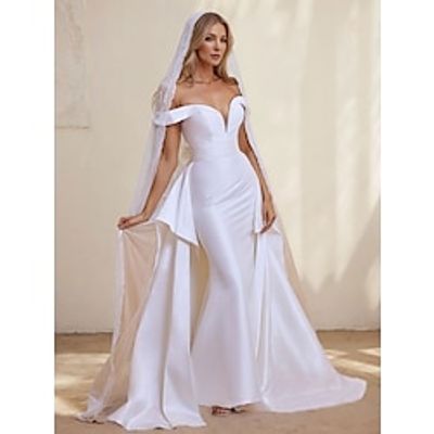 Hall Wedding Dresses Mermaid / Trumpet Sweetheart Short Sleeve Floor Length Satin Bridal Gowns With Solid Color 2024 Lightinthebox