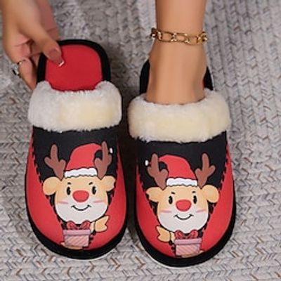 Women's Slippers Xmas Shoes Fuzzy Slippers Fluffy Slippers House Slippers Home Christmas Daily Flat Heel Open Toe Vacation Cute Casual Microfiber Elastic Fabric Loafer Cartoon Red Lightinthebox