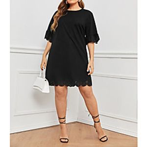 Women's Chiffon Dress Knee Length Dress Black Half Sleeve Solid Color Ruffle Summer Round Neck Casual 2021 L XL XXL 3XL 4XL Lightinthebox