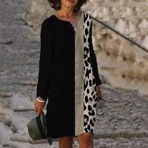 Women's T Shirt Dress Tee Dress Shift Dress Knee Length Dress Black Long Sleeve Leopard Zipper Print Fall Winter Crew Neck Stylish Casual 2022 XS S M L XL 2XL 3XL 4XL 5XL 6XL  Casual Dress Lightinthebox