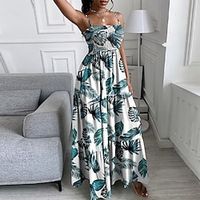 Women's A Line Dress Maxi long Dress Green White Black Sleeveless Print Backless Print Spring Summer Spaghetti Strap Vacation Fashion 2022 S M L XL miniinthebox - thumbnail