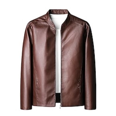 Men's Faux Leather Jacket Biker Jacket Outdoor Daily Wear Warm Pocket Fall Winter Plain Fashion Streetwear Standing Collar Regular Black Wine Coffee Jacket Lightinthebox