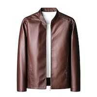 Men's Faux Leather Jacket Biker Jacket Outdoor Daily Wear Warm Pocket Fall Winter Plain Fashion Streetwear Standing Collar Regular Black Wine Coffee Jacket Lightinthebox - thumbnail