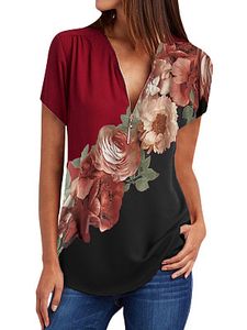 V Neck Floral Print Short Sleeve Blouse