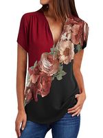 V Neck Floral Print Short Sleeve Blouse - thumbnail