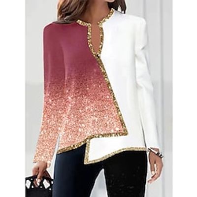 Women's Blouse Shirt Pink Red Black Color Block Asymmetric Print Long Sleeve Daily Weekend Streetwear Casual V Neck Regular S Lightinthebox