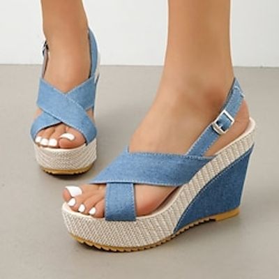 Women's Sandals Comfort Shoes Daily Summer Wedge Heel Open Toe Fashion Casual Canvas Buckle Black Blue Gray miniinthebox