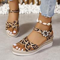 Women's Sandals Wedge Sandals Daily Flat Heel Open Toe Casual Faux Leather Ankle Strap Leopard Black Beige Lightinthebox