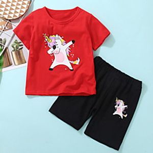 Kids Girls' Clothing Set 2 Pieces Short Sleeve Red Yellow Cartoon Unicorn Animal Print Indoor Outdoor Cute Sweet Regular 2-6 Years Lightinthebox