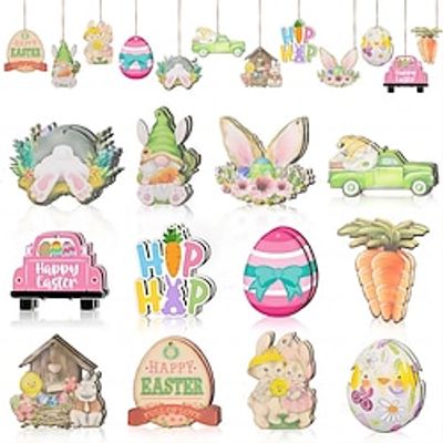 24 Easter Decorations - Wooden Hanging Decorations For The Easter Tree Easter Home Dcor - Easter Eggs Gnomes Chicks Bunnies miniinthebox