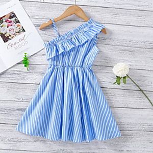 Kids Little Girls' Dress Striped Print Blue Cotton Knee-length Sleeveless Basic Dresses Summer Regular Fit 3-8 Years miniinthebox