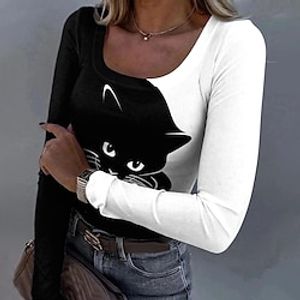 Women's T shirt Tee Color Block Cat Black White Print Long Sleeve Daily Weekend Fashion Funny Round Neck Regular Fit Spring   Fall Lightinthebox